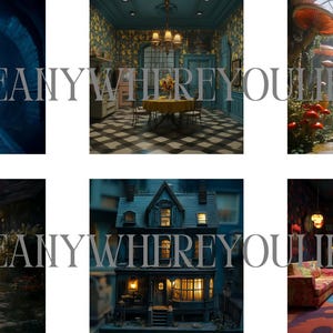 May include: A collage of six images depicting different rooms and settings. The first image shows a dark blue hallway with a light at the end. The second image shows a dining room with a checkered black and white floor. The third image shows a path through a forest with large red mushrooms. The fourth image shows a path through a forest with a light at the end. The fifth image shows a house with a blue door and windows. The sixth image shows a living room with a couch and a patterned rug.