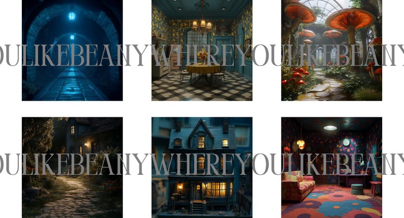 May include: A collage of six images depicting different rooms and settings. The first image shows a dark blue hallway with a light at the end. The second image shows a dining room with a checkered black and white floor. The third image shows a path through a forest with large red mushrooms. The fourth image shows a path through a forest with a light at the end. The fifth image shows a house with a blue door and windows. The sixth image shows a living room with a couch and a patterned rug.