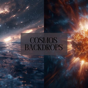 Puede incluir: Dos fondos espaciales cósmicos. La primera imagen muestra una galaxia con una combinación de colores azul y naranja. La segunda imagen muestra una explosión brillante de color naranja y amarillo en el espacio.