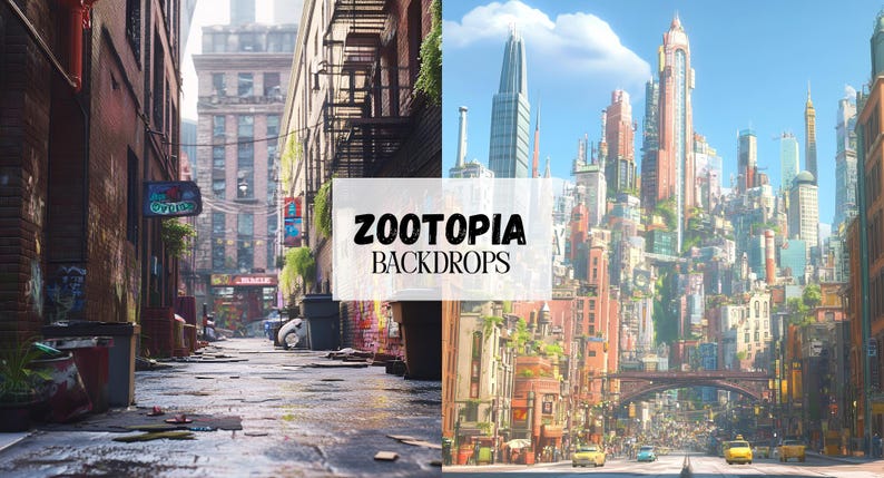 Op de afbeelding: Een gesplitst beeld dat twee contrasterende sc&egrave;nes uit de animatiefilm Zootropolis laat zien. De linkerzijde toont een donkere, grimmige steeg met graffiti en vuilnisbakken. De rechterzijde toont een heldere, kleurrijke stadsgezicht met hoge gebouwen en een drukke straat.