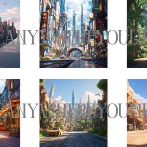 Op de afbeelding: Zes verschillende stadsgezichten met een verscheidenheid aan architectuurstijlen, waaronder een drijvende stad, een futuristische stad, een jungle stad, een middeleeuwse stad, een moderne stad en een woestijnstad.