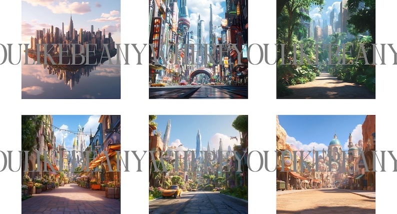 Op de afbeelding: Zes verschillende stadsgezichten met een verscheidenheid aan architectuurstijlen, waaronder een drijvende stad, een futuristische stad, een jungle stad, een middeleeuwse stad, een moderne stad en een woestijnstad.