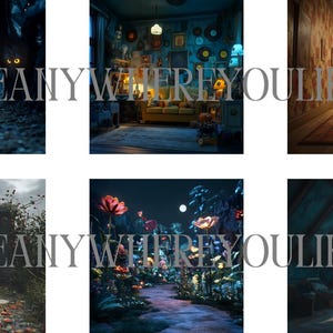 May include: A collage of six images depicting different spooky and mysterious scenes. The images include a dark forest path, a dimly lit room with a couch, a long hallway with a patterned carpet, a gate in a overgrown garden, a path lined with glowing flowers, and a dark attic with a window.
