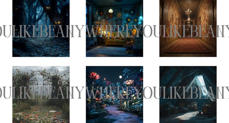 May include: A collage of six images depicting different spooky and mysterious scenes. The images include a dark forest path, a dimly lit room with a couch, a long hallway with a patterned carpet, a gate in a overgrown garden, a path lined with glowing flowers, and a dark attic with a window.