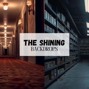 Op de afbeelding: Twee afbeeldingen die verschillende achtergronden laten zien die zijn geïnspireerd door de film "The Shining". De eerste afbeelding toont een lange gang met gele muren en een rood tapijt. De tweede afbeelding toont een donkere opslagruimte met planken vol dozen.