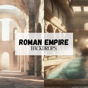 Può includere: Due fondali dell'Impero Romano, uno che mostra un corridoio di pietra con archi e l'altro che mostra una piscina d'acqua con vapore che sale da essa.