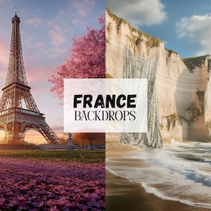 Könnte beinhalten: Zwei malerische Bilder aus Frankreich. Das erste Bild zeigt den Eiffelturm in der Ferne mit einem Feld voller rosa Blumen im Vordergrund. Das zweite Bild zeigt eine weiße Steilküste mit einem Wasserfall und einem Sandstrand mit Wellen.
