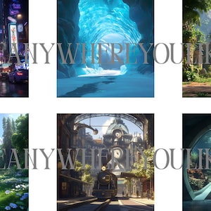 Op de afbeelding: Een collage van zes verschillende afbeeldingen die verschillende locaties en omgevingen tonen. De bovenste rij toont een drukke straat in de stad 's nachts, een blauwe ijsgrot en een weelderig groen bos met een stenen boog. De onderste rij toont een grasveld met een berg op de achtergrond, een steampunk-ge&iuml;nspireerd treinstation en een onderwatertunnel met een rond raam.