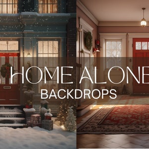 May include: Two Christmas-themed backdrops for photoshoots. The first backdrop is a snowy front porch with a red door, a wreath, and Christmas decorations. The second backdrop is a hallway with a red door, a rug, and a side table.