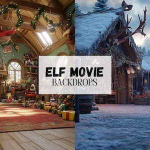 May include: Two Christmas-themed backdrops for photoshoots. The first backdrop is a room decorated with Christmas lights, toys, and a fireplace. The second backdrop is a snowy village with a reindeer-drawn sleigh.