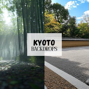 May include: Two images of Japanese garden backdrops. The first image shows a path through a bamboo forest. The second image shows a zen garden with a gravel surface and a rock border.