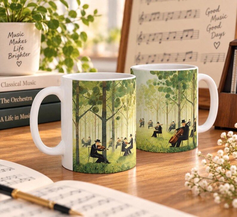 Op de afbeelding: Twee witte keramische mokken met een rondlopende illustratie van een orkest dat snaarinstrumenten bespeelt in een groen bos. De muzikanten dragen zwarte pakken en hoeden en zitten op stoelen tussen hoge bomen in een bosrijke omgeving.