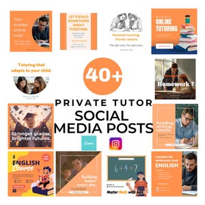 Op de afbeelding: Een collage van social media posts voor privé-bijlesdiensten. De posts bevatten afbeeldingen van studenten, docenten en lesmateriaal. Tekst omvat "Online Tutoring", "English Course" en "Master Math with ease."