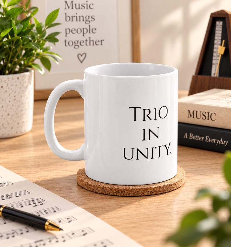 May include: A white ceramic mug with a handle, featuring the black printed text "TRIO IN UNITY." The mug sits on a round, light brown cork coaster. The design is simple, with a smooth finish and a standard cylindrical shape for holding beverages.