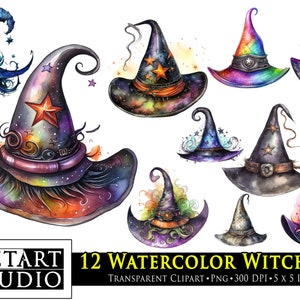 Watercolor Witch Hat Clipart, Witchy Hats, Halloween Clipart, Witch Hat Clipart, Halloween Digital Wall Art, Instant Download