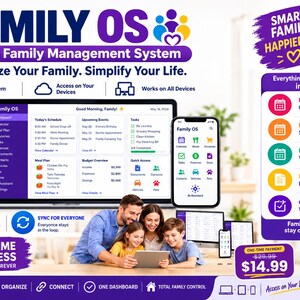 May include: Family OS digital family management system displayed on a laptop and smartphone screen. The interface features a dashboard with schedules, tasks, and meal plans. A sidebar lists categories like calendar, groceries, and finances. Text includes Smarter Families Happier Lives and Lifetime Access.