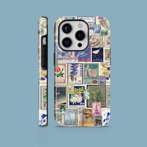 Estuche para teléfono con collage de matasellos vintage, cubierta de sellos para iPhone 16 15 14 13 12 11 Samsung S25Ultra S24 S23FE A54 A25 A14 Pixel 9 8 7Pro