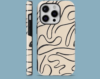 May include: A beige phone case with a black abstract line design. The case is shown from the front and side, showcasing the camera and side buttons. The design features flowing, curved lines across the surface.