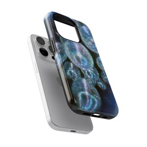 May include: A black phone case with a design of silver disco balls on a dark blue background.