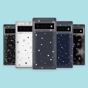 May include: Five clear phone cases with a starry night design. The cases are in black, white, dark blue, light blue, and black with a large star in the center.
