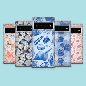 May include: Five different phone cases with a seashell design. The cases are all clear and show a variety of seashells in blue, white, and gray.