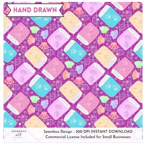 May include: A seamless pattern featuring colorful books and seashells on a purple background. The books are in shades of blue, pink, and yellow, each with a seashell design. The seashells are in various colors, including pink, orange, and green. The words "HAND DRAWN" are in a banner.