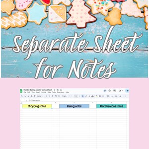 May include: Assortment of decorated sugar cookies in various shapes, including stars and Christmas trees, on a blue wooden surface. Text reads "Separate sheet for Notes". A spreadsheet with "Shopping notes", "Baking notes", and "Miscellaneous notes" is also shown.