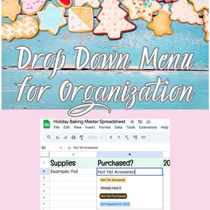 May include: A collection of decorated holiday cookies, including stars and Christmas trees, arranged on a blue wooden surface. The image also shows a spreadsheet with a drop-down menu for organizing baking supplies.