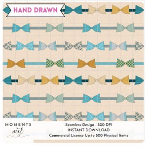 Può includere: Design digitale senza cuciture con file di papillon in tonalità blu, beige e oro, su uno sfondo beige chiaro con un motivo a griglia. Le parole "HAND DRAWN" sono visualizzate nella parte superiore.