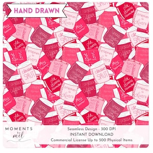 May include: Seamless digital design featuring a pattern of stacked books with titles like "Classic Smut," "Enemies to Lovers," and "Forbidden Affair." The books are in shades of pink and red, with the words "Hand Drawn" at the top.