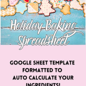 Puede incluir: Una colección de galletas navideñas decoradas en varias formas, como estrellas y árboles, dispuestas sobre una superficie de madera azul. La imagen incluye el texto "Holiday Baking Spreadsheet" e información sobre una plantilla de Google Sheet.