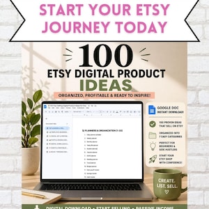 Op de afbeelding: Een laptop toont "100 Etsy digitale productideeën" met de tekst "Start je Etsy-reis vandaag." Een groene mok met "Create. List. Sell." staat rechts. Een plant en een pen zijn ook zichtbaar.