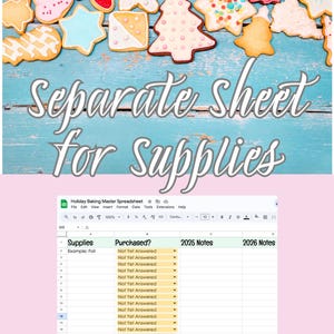 May include: Assortment of decorated sugar cookies in various shapes and colors, including stars, trees, and hearts, arranged on a blue wooden surface. Text overlay reads "Separate sheet for supplies." Below is a spreadsheet.