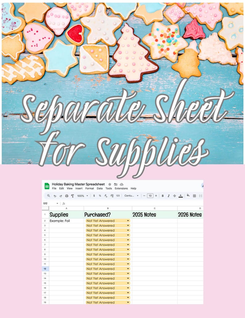 May include: Assortment of decorated sugar cookies in various shapes and colors, including stars, trees, and hearts, arranged on a blue wooden surface. Text overlay reads "Separate sheet for supplies." Below is a spreadsheet.