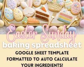Può includere: Un vassoio dorato contiene biscotti e fette di torta a tema pasquale. I biscotti hanno la forma di uova, coniglietti e carote, decorati con glassa pastello. Il testo "Easter Sunday baking spreadsheet" è visualizzato sotto.