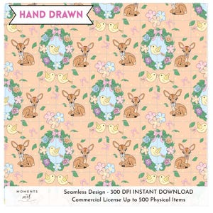 Woodland Fawn Cottagecore krans sömlös design PNG