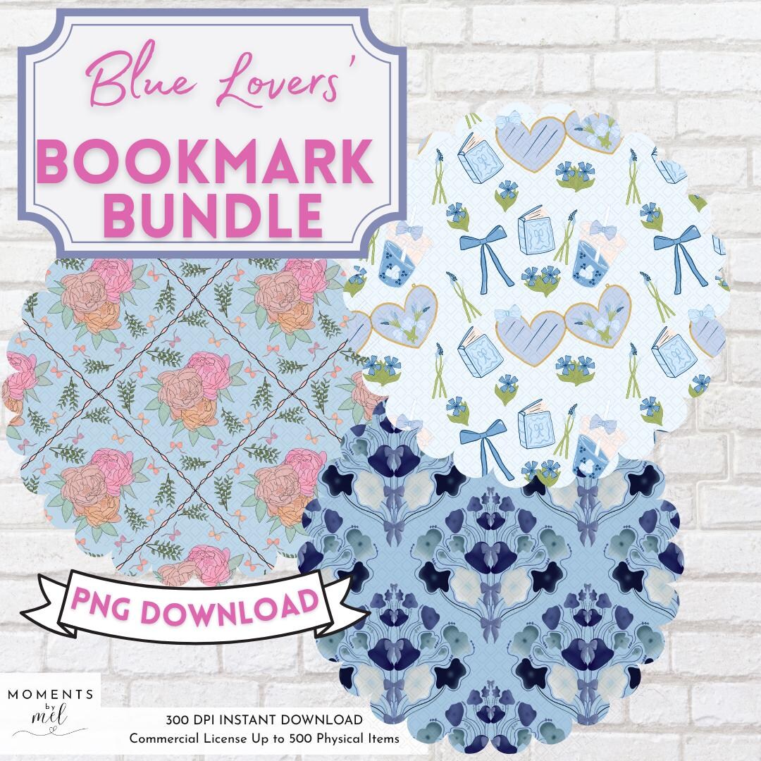 Blue Lovers' Bookmark Bundle PNG | Printable Bookmark Patterns | Blue ...
