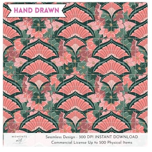 May include: A seamless pattern featuring a repeating design of stylized coral-colored floral elements and fan-shaped motifs against a dark teal background. The pattern includes pink flowers and the text "HAND DRAWN".
