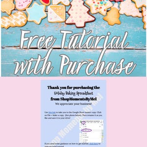 May include: An assortment of decorated sugar cookies in various shapes, including stars, trees, and hearts, arranged on a light blue wooden surface. The text "Free Tutorial with Purchase" is displayed in a cursive font.