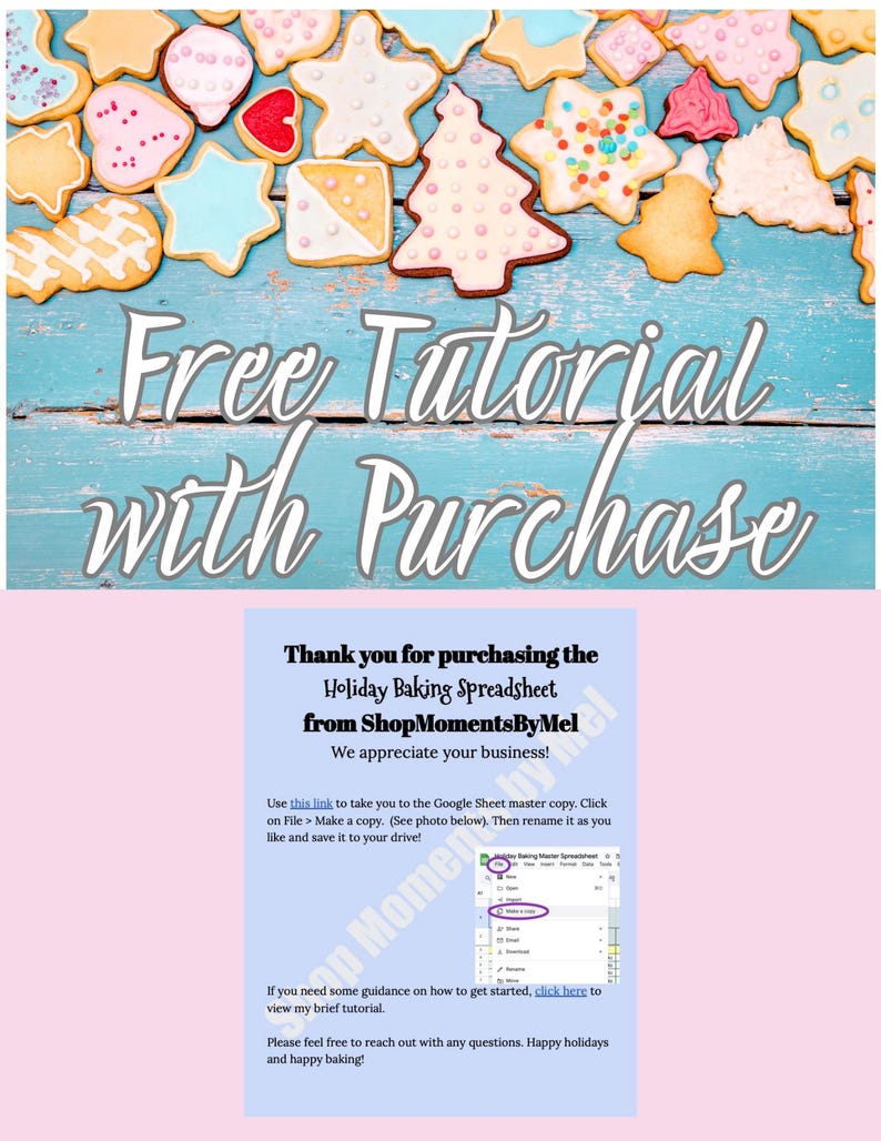 May include: An assortment of decorated sugar cookies in various shapes, including stars, trees, and hearts, arranged on a light blue wooden surface. The text "Free Tutorial with Purchase" is displayed in a cursive font.