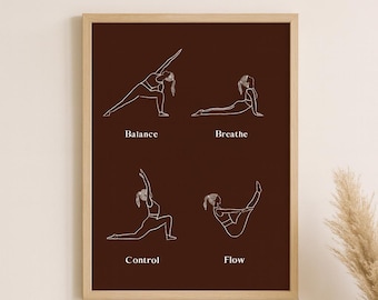 Lámina artística de posturas minimalistas de Pilates – Decoración de gimnasio (PDF)