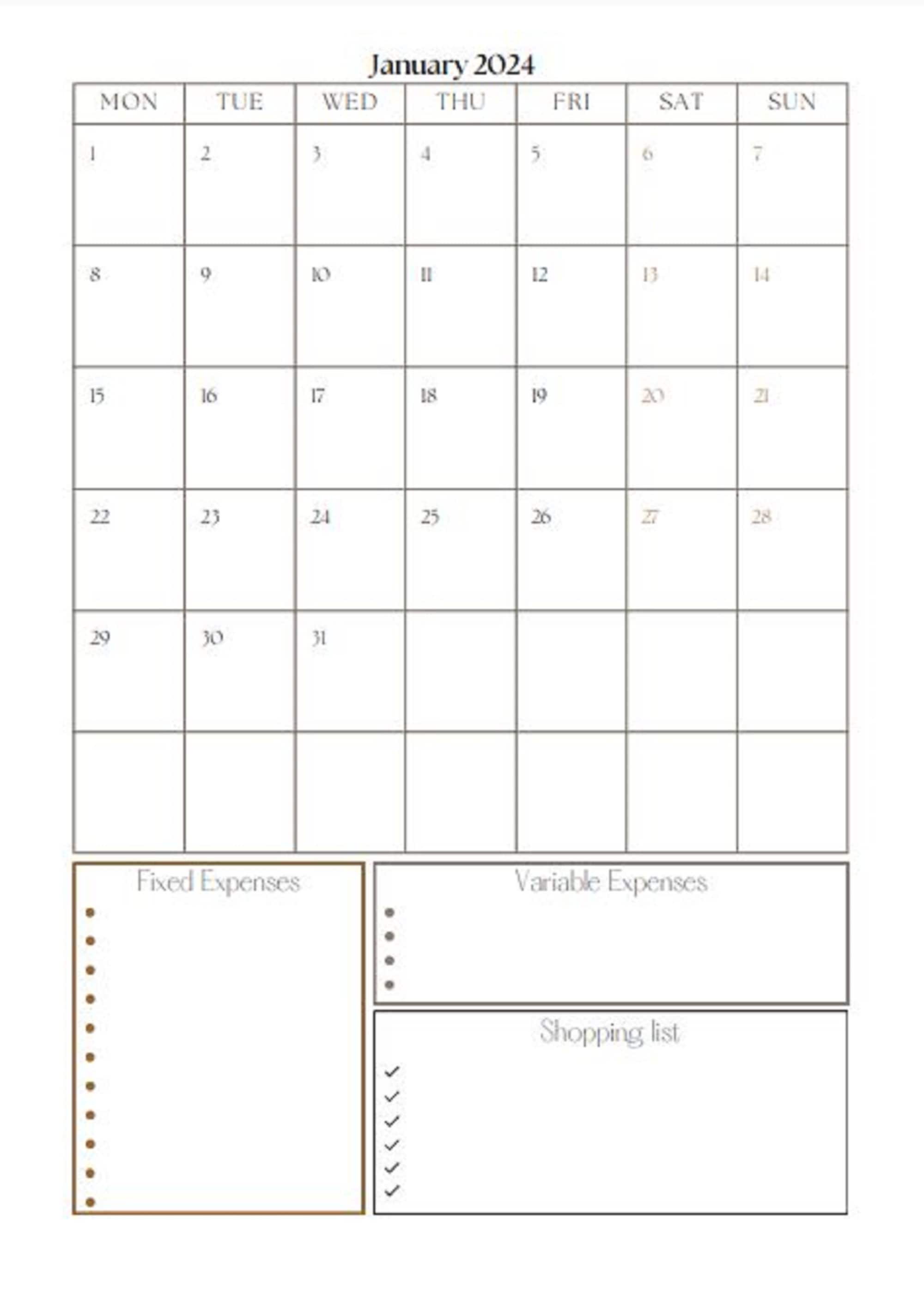 Printable 2024 Calendar PDF A4 Portrait Calendar Expenses - Etsy Australia
