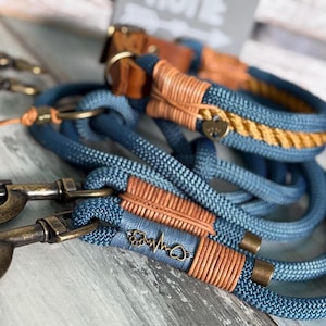 Rope leash and collar set petrol adjustable personalized with leather tag