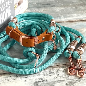Rope collar and dog leash adjustable small dogs personalized with leather tag