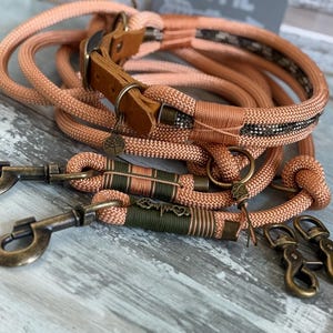 Rope collar and rope leash copper camouflage and leather cognac adjustable for large dogs personalized with leather tag
