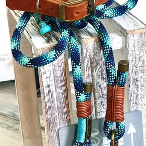 Rope collar and rope leash adjustable for large dogs personalized with leather tag