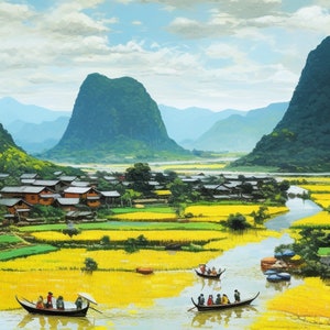 Landschaftsmalerei Vietnamesisch, Trang An&#39;s Vintage Charm: Vintage Landschaften und warme Gemütlichkeit in digitaler Leinwand-Wandkunst