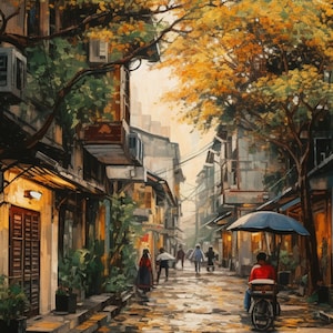 Sunset Glow in Hanoi: Vintage Canvas Digital Art of Blossoming Flowers and Cozy Vietnamese Streets
