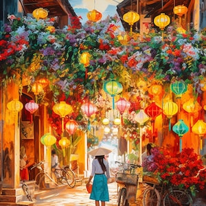 Harmony of Heritage: Digital Canvas Prints of Hoi An's Ancient Streets, Blossoms, and Sunset Glow