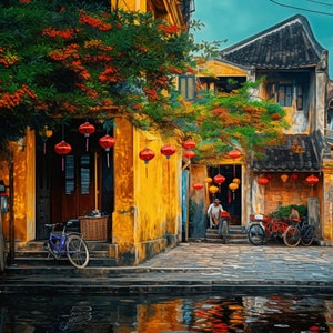 Soulful Serenity: Hoi An&#39;s Vintage Street Art, Blossoms, and Warm Sunset Tones. Vietnamese digital wall art